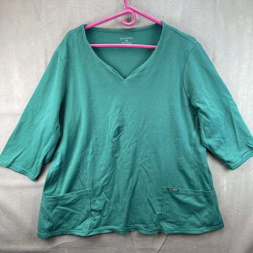 JAANUU Women V Neck Scrub Top 2XL Teal Knit Short Sleeve Polyester Pre owned